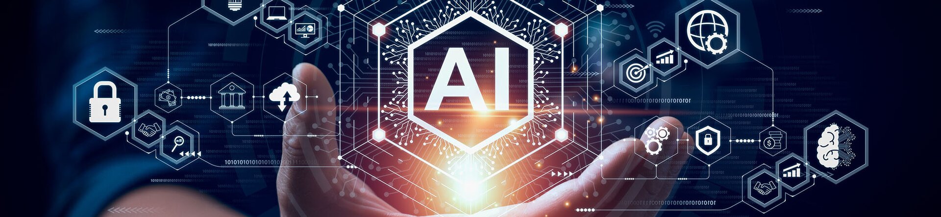 Una mano aperta che visualizza un’icona di intelligenza artificiale (AI) con simboli e connessioni digitali luminose su sfondo tecnologico.