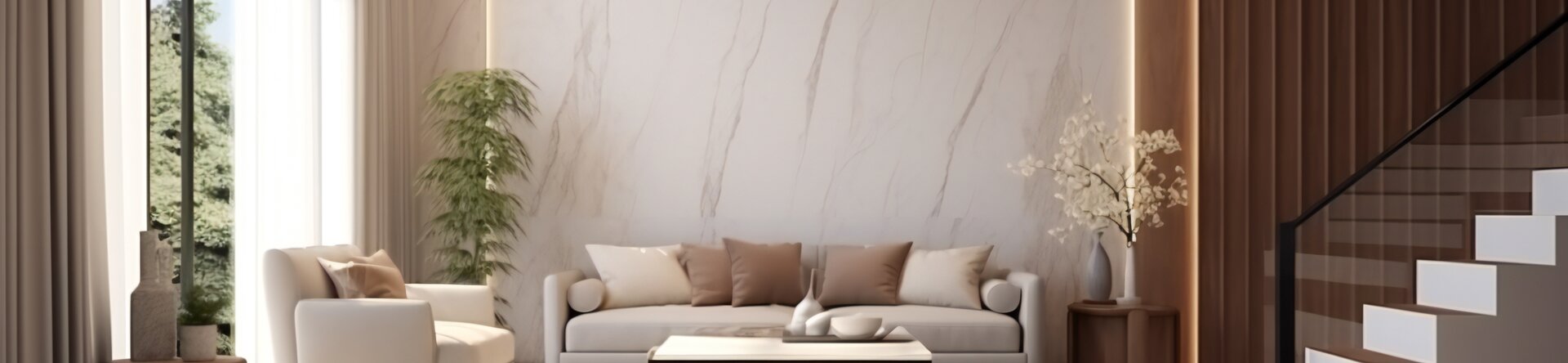 Soggiorno moderno e luminoso con parete effetto marmo, divano chiaro, tavolino basso e scala con pannelli in legno.